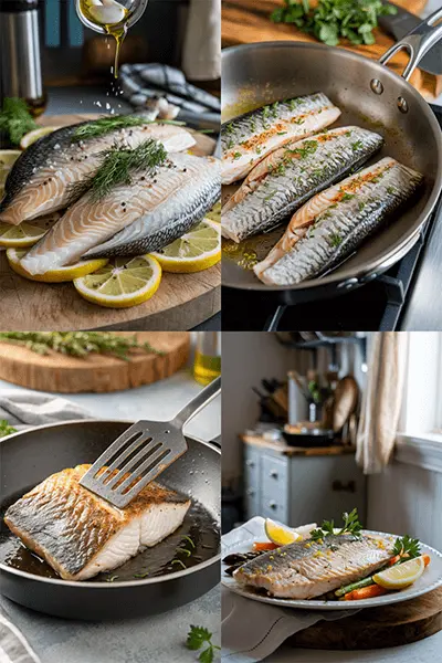 A step-by-step preparation of a steelhead trout recipe, showcasing raw fillets, seasoning, cooking in a pan, and the final plated dish with garnishes.