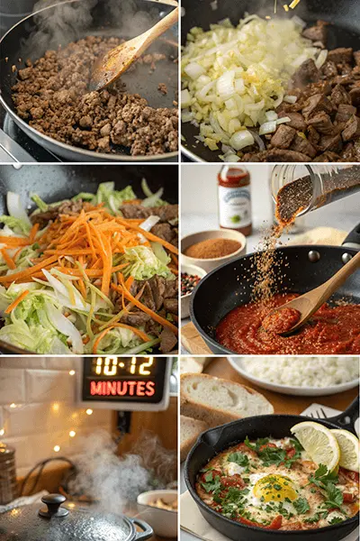 Collage of cooking steps for a ground beef cabbage recipe, including sautéing meat, browning onions, adding fresh vegetables, seasoning sauces, and simmering the dish in a pan.