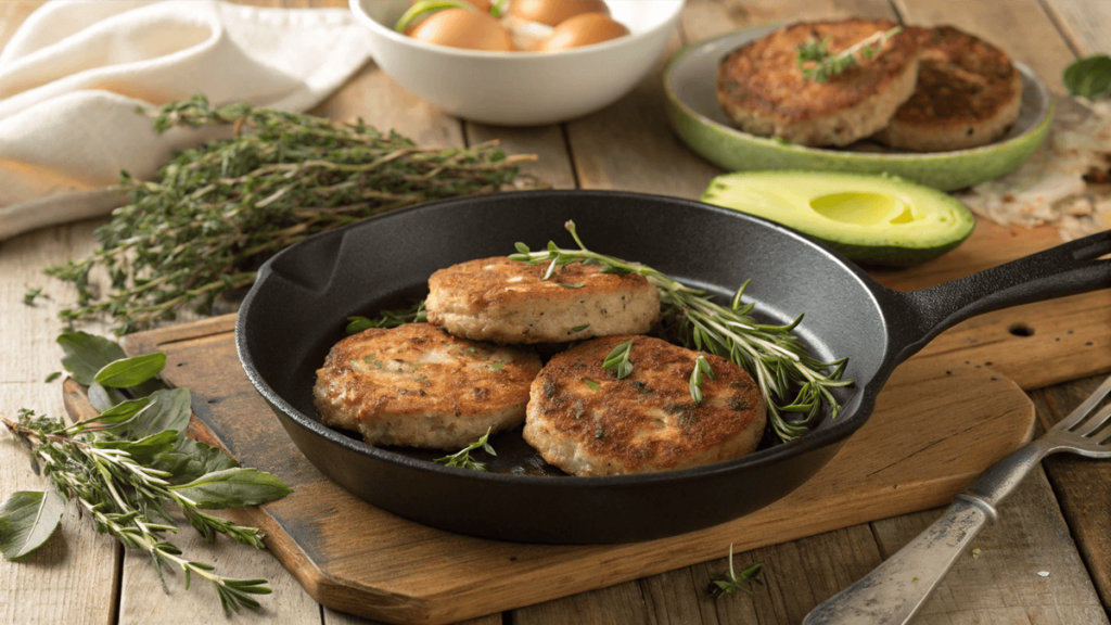 Golden brown turkey breakfast sausage patties in a cast iron skillet, garnished with fresh rosemary and thyme, surrounded by herbs, avocado slices, and eggs.