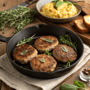 Golden brown turkey breakfast sausage patties in a cast iron skillet, garnished with fresh herbs, served alongside scrambled eggs, toast, and spices.