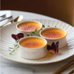 Delicious Crab Brulee Recipe served in ramekins with a creamy crab custard and a caramelized sugar crust, garnished with fresh herbs.