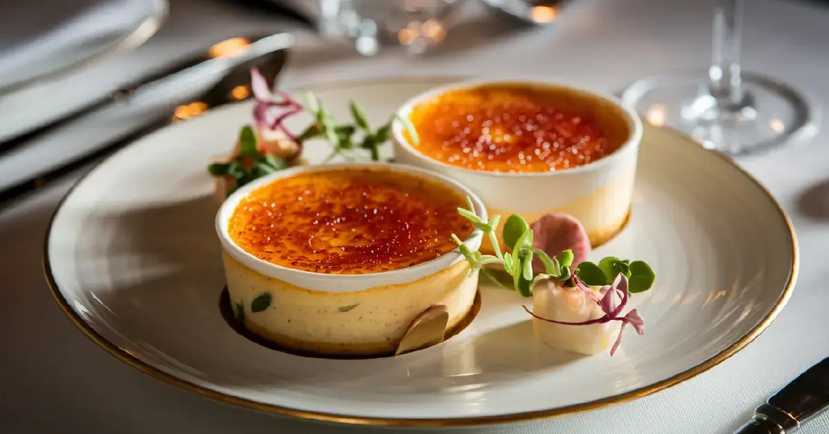 Golden caramelized Crab Brulee served in elegant ramekins with a creamy custard base and fresh herb garnish on a white plate.