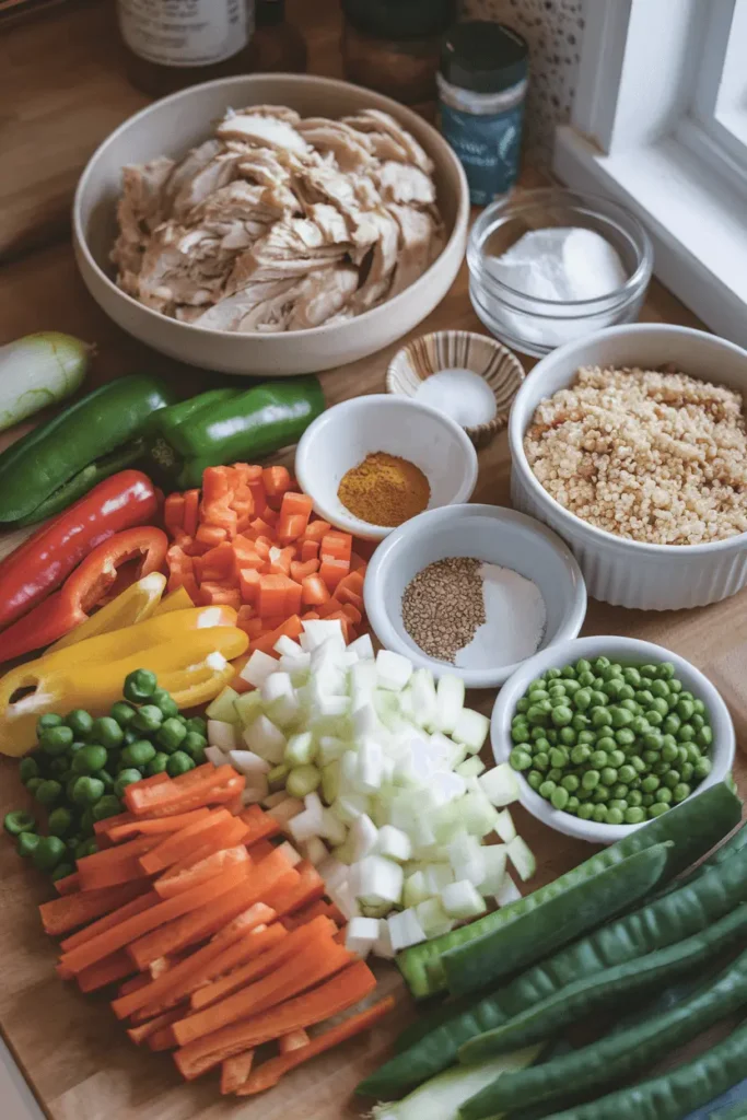 Fresh ingredients for a leftover rotisserie chicken recipes, including shredded chicken, chopped vegetables, cooked quinoa, olive oil, and seasonings.