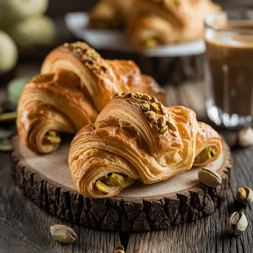 golden-brown croissants filled with pistachio cream and garnished with crushed pistachios, placed on a rustic wooden slab, with a blurred background featuring a glass of coffee and scattered pistachios.