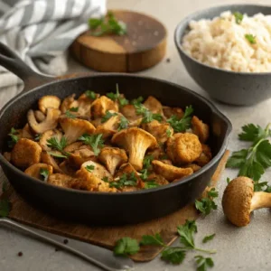 A skillet filled with sautéed Lion's Mane mushroom recipe garnished with fresh parsley, accompanied by a bowl of rice in the background.