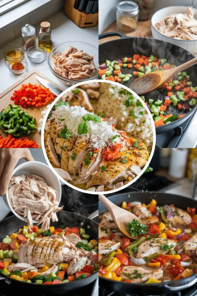 Step-by-step process of making a leftover rotisserie chicken recipes, from sautéing vegetables to mixing in shredded chicken and serving with quinoa.