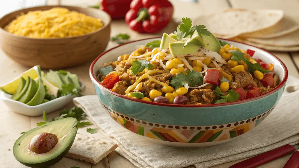 Ground chicken mixed with spices and corn in a colorful dish, garnished with fresh cilantro.