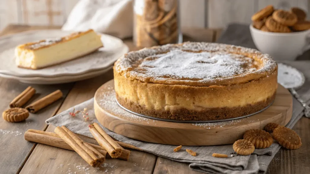 A golden-brown churro cheesecake recipe with a dusting of powdered sugar on top, placed on a wooden board, surrounded by cinnamon sticks and cookies.