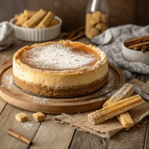 A beautifully baked churro cheesecake recipe with a golden crust, dusted with powdered sugar, surrounded by crispy churros and cinnamon sticks on a rustic wooden table.