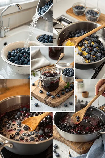 A step-by-step guide showing how to make homemade blueberry compote recipe, featuring fresh blueberries being rinsed, cooked in a saucepan, mashed gently, and finally stored in a glass jar.