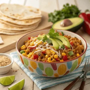 A bowl of flavorful ground chicken Mexican corn recipe topped with cheese, cilantro, and avocado, served alongside warm tortillas on a rustic wooden table.