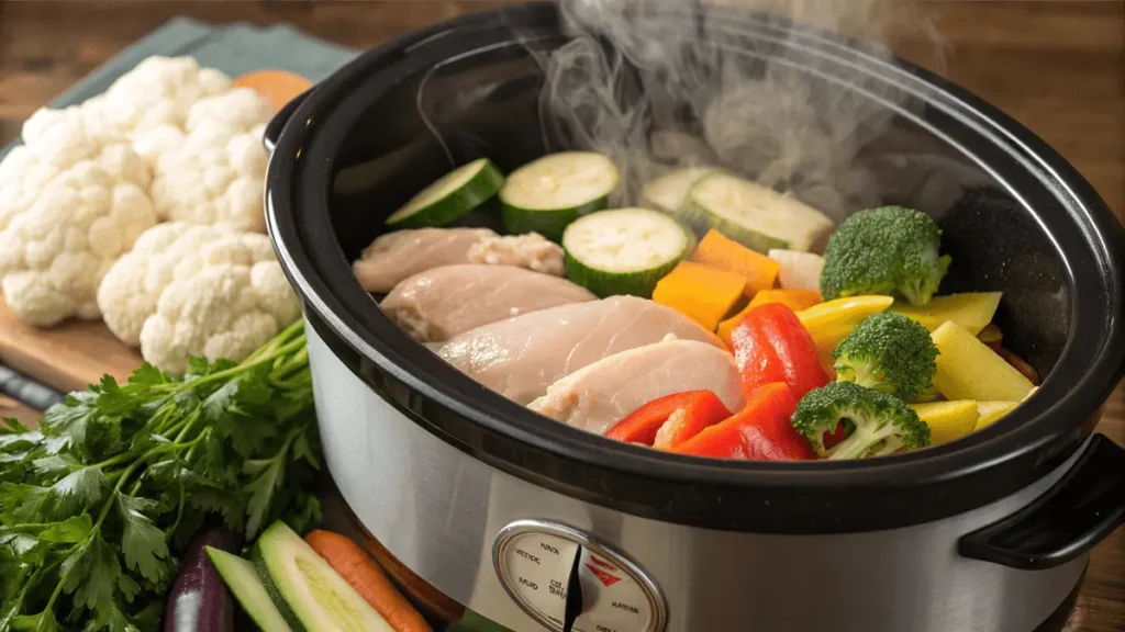 Keto crockpot recipes featuring fresh vegetables and lean protein in a slow cooker with steam rising, surrounded by herbs and spices on a wooden countertop.