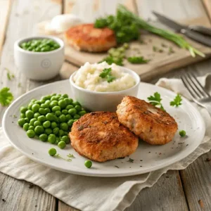 A plate of crispy, golden-brown salmon patties served with mashed potatoes and green peas, garnished with fresh herbs—perfect for an Old Fashioned Salmon Patties Recipe.