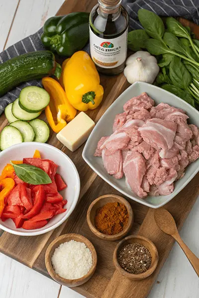 A variety of fresh ingredients for keto crockpot recipes, including chicken, zucchini, cauliflower, bell peppers, herbs, and spices, displayed on a wooden surface.