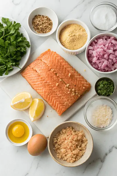 Ingredients for old fashioned salmon patties recipe on a marble countertop.