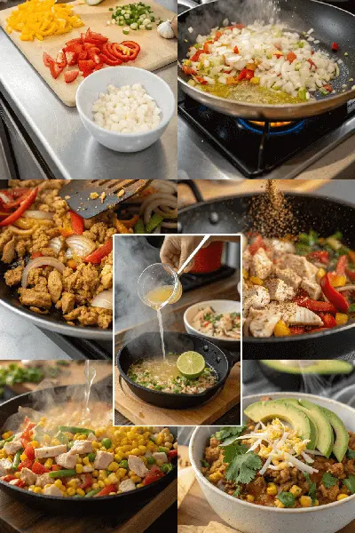 A step-by-step cooking process of a Ground Chicken Mexican Corn Recipe, featuring fresh chopped vegetables, seasoned chicken, sautéed ingredients, and a final dish garnished with avocado and cheese.