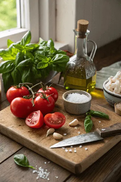 Fresh ingredients including tomatoes, basil, garlic, sea salt, and olive oil on a rustic wooden cutting board.