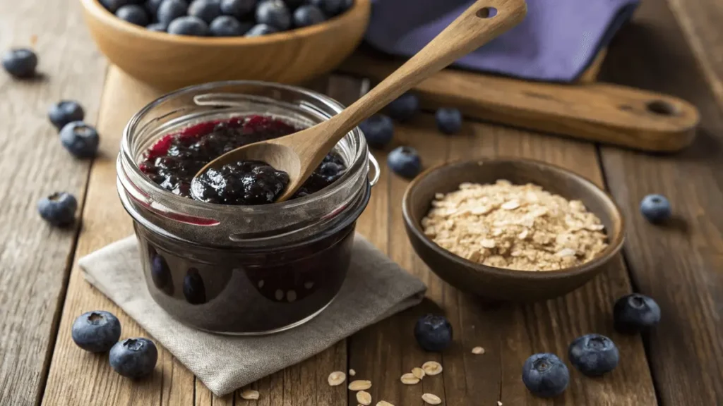 A glass jar filled with vibrant purple-blueberry compote, accompanied by fresh blueberries and a wooden spoon on a rustic wooden table, alongside a bowl of oatmeal topped with the compote.