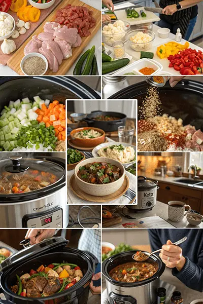 A step-by-step guide to making keto crockpot recipes, featuring images of gathering ingredients, prepping, layering, seasoning, setting cooking time, letting it cook, checking doneness, adjusting flavors, and serving the delicious final dish.