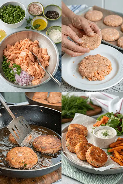 Step-by-step preparation of old fashioned salmon patties recipe.