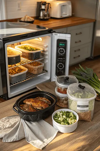 A comprehensive guide to storing and reheating keto crockpot recipes, featuring labeled containers in a fridge and freezer, along with examples of reheating methods like oven, stovetop, microwave, and air fryer.