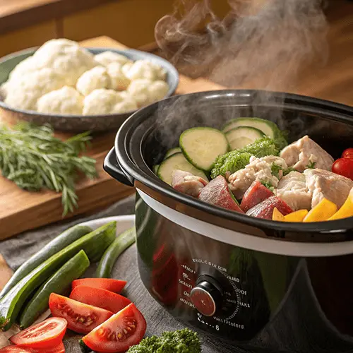 A colorful spread of delicious keto crockpot dishes, showcasing vibrant vegetables and savory proteins.