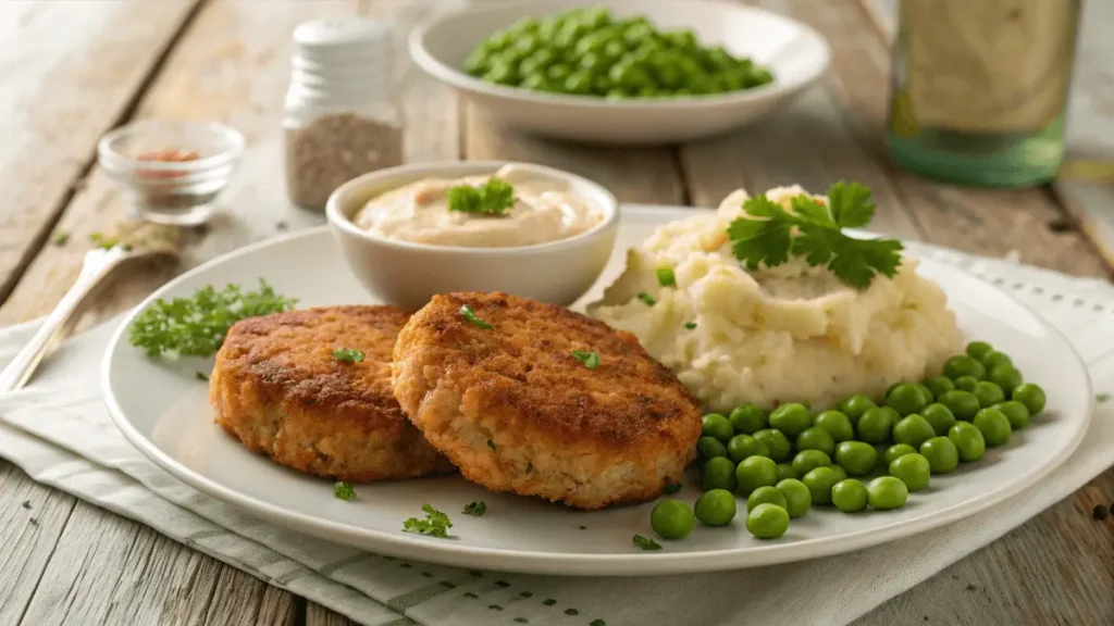 Golden-brown old fashioned salmon patties recipe on a white plate with mashed potatoes and green peas, garnished with parsley.