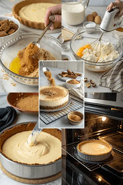 A collage of images showing the process of making churro cheesecake recipe, including mixing ingredients, pouring batter, baking, and adding a cinnamon-sugar topping.