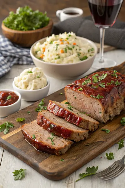 A beautifully plated smoked meatloaf served alongside creamy mashed potatoes, crunchy coleslaw, roasted vegetables, and a fresh salad, all arranged on a rustic wooden cutting board.