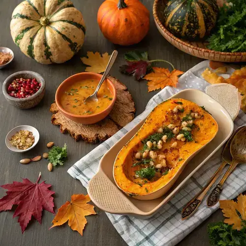 A close-up of a plated autumn frost squash recipe dish with herbs, showcasing its rich colors and textures.