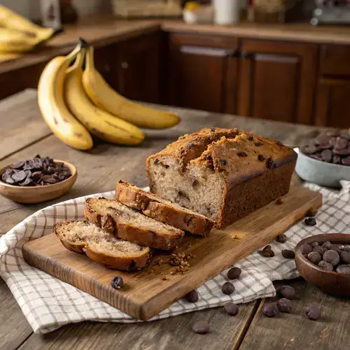 Whole Chocolate Chip Banana Bread loaf with ingredients on a kitchen counter.
