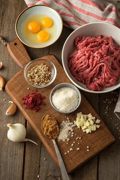 A rustic wooden table displaying all the essential ingredients for a smoked meatloaf recipe, including ground beef, ground pork, breadcrumbs, chopped onion, minced garlic, eggs, BBQ sauce, seasonings, and fresh herbs.