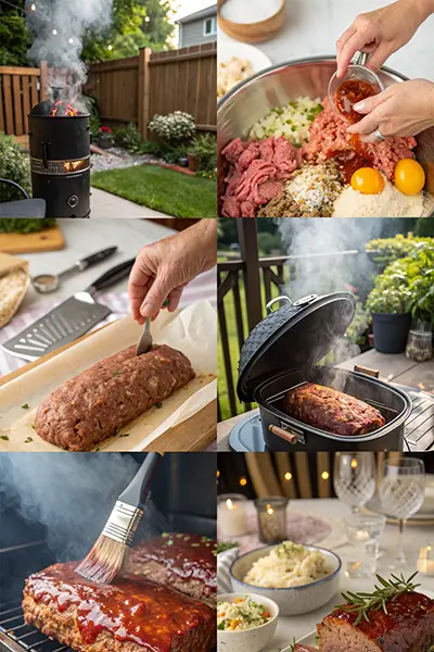 A cozy kitchen countertop displaying all the ingredients for a smoked meatloaf recipe, including ground beef, ground pork, breadcrumbs, chopped onion, minced garlic, eggs, BBQ sauce, seasonings, and fresh herbs.