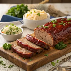 A delicious smoked meatloaf recipe served on a wooden cutting board with mashed potatoes and coleslaw, garnished with fresh parsley.