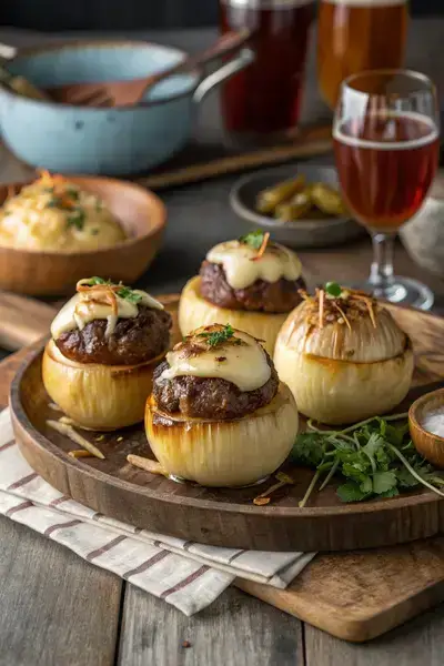 Juicy onion bombs stuffed with beef and cheese on a rustic wooden platter, garnished with fresh herbs.