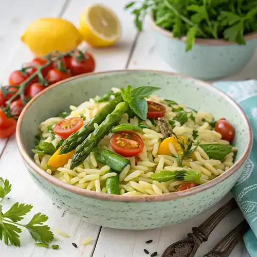delicious-spring-orzo-salad-recipe Close-up of a spring orzo salad with lemon, asparagus, and cherry tomatoes.