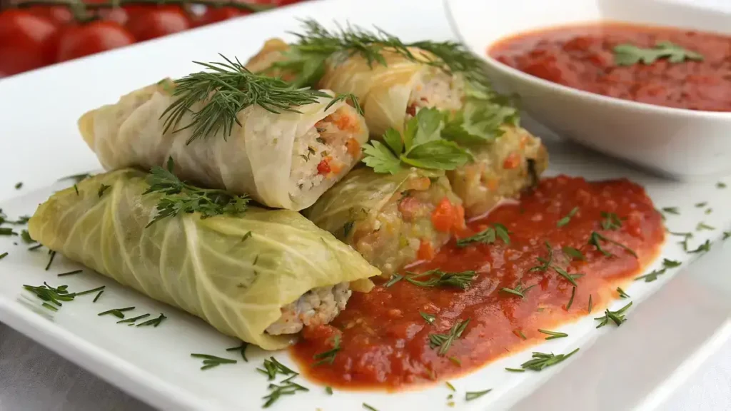 Plate of stuffed cabbage rolls topped with tomato sauce and fresh herbs.