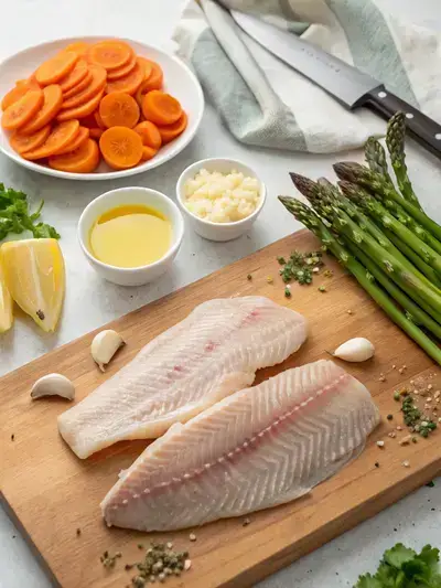 Fresh ingredients for Garlic Butter Tilapia including tilapia fillets, garlic, butter, asparagus, and carrots on a kitchen countertop.