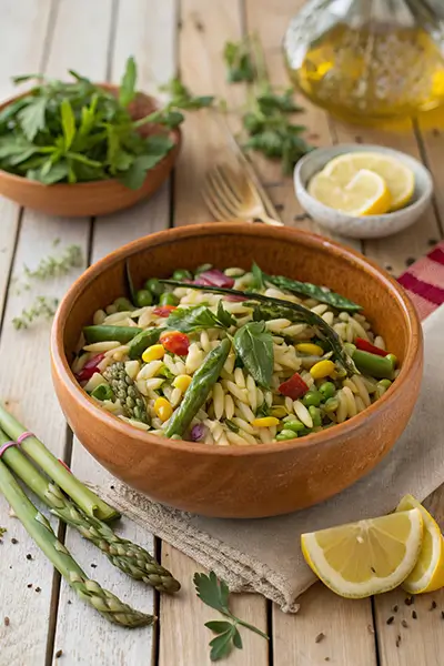 A rustic bowl of Spring Orzo Salad with asparagus, corn, peas, and fresh herbs on a wooden table