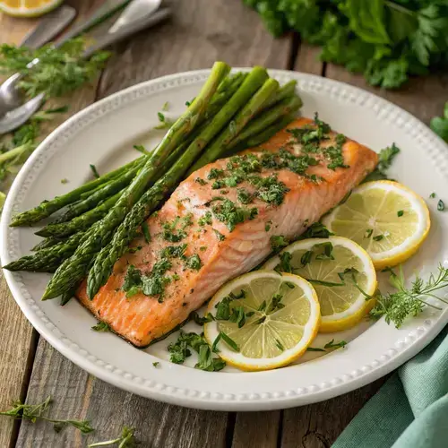 healthy-grilled-salmon-and-asparagus-delight Plate of Grilled Salmon garnished with lemon and herbs, served with asparagus.