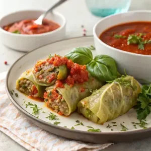 Close-up of stuffed cabbage rolls with a fork, highlighting the filling and sauce.