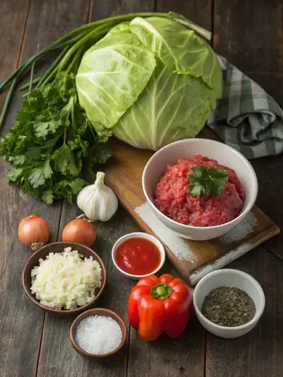 Fresh ingredients for stuffed cabbage rolls displayed on a wooden table.
