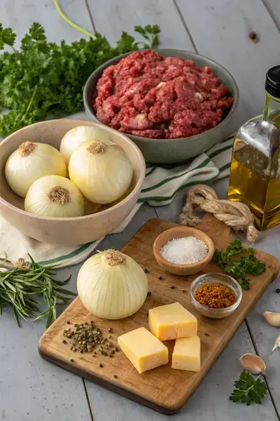 Ingredients for Juicy Onion Bombs including onions, ground beef, cheese, seasonings, breadcrumbs, and oil.