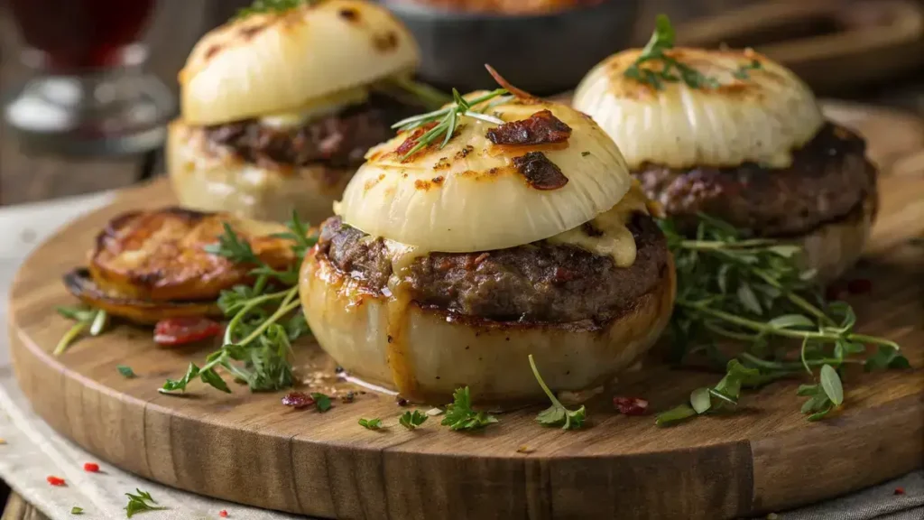 Delicious onion bombs filled with beef and cheese, showcasing melted cheese and herbs.