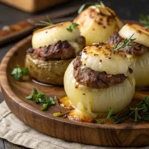 Grilled onion bombs with beef and cheese, garnished with herbs on a wooden platter.