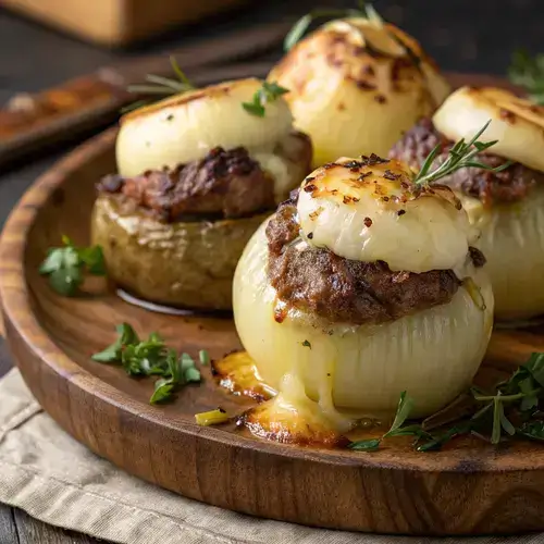 juicy-onion-bombs-stuffed-with-flavor Grilled onion bombs with beef and cheese, garnished with herbs on a wooden platter.
