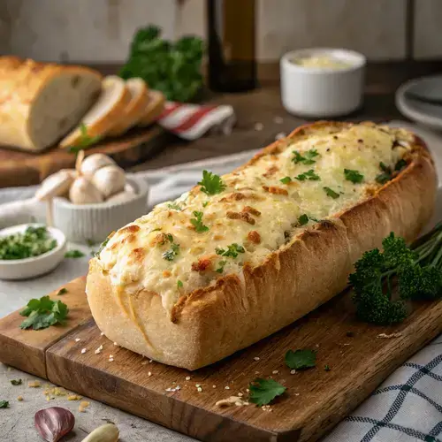mouthwatering-cheesy-garlic-bread-recipe Golden brown cheesy garlic bread with herbs on a rustic kitchen table.