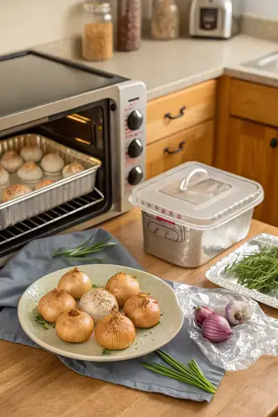 Kitchen scene demonstrating storage and reheating methods for Onion Bombs.