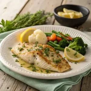 Garlic Butter Tilapia served with lemon and herbs on a rustic table.