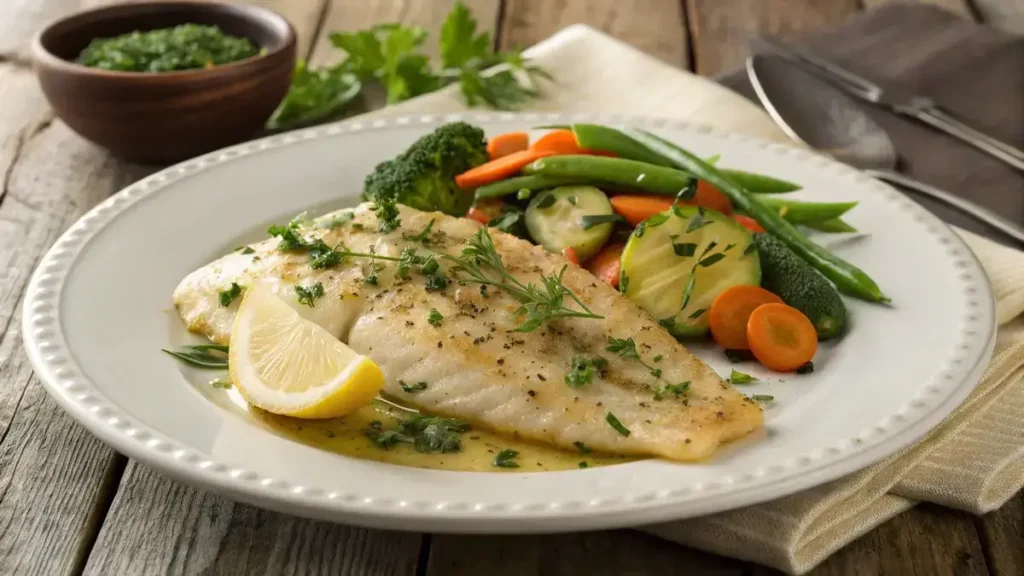 A delicious serving of Garlic Butter Tilapia with herbs and vegetables on a wooden table.